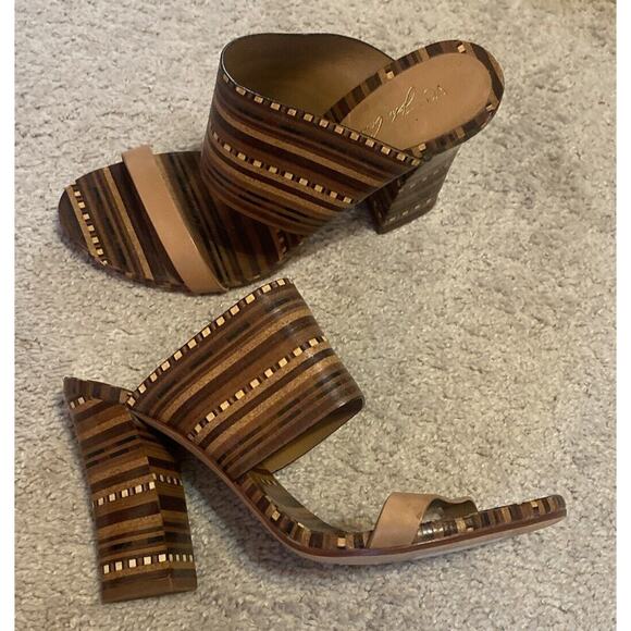 Vince Camuto Brown & Beige Becca Heel Slip On Leather Sandals Size 9 Wood tone - Picture 12 of 12